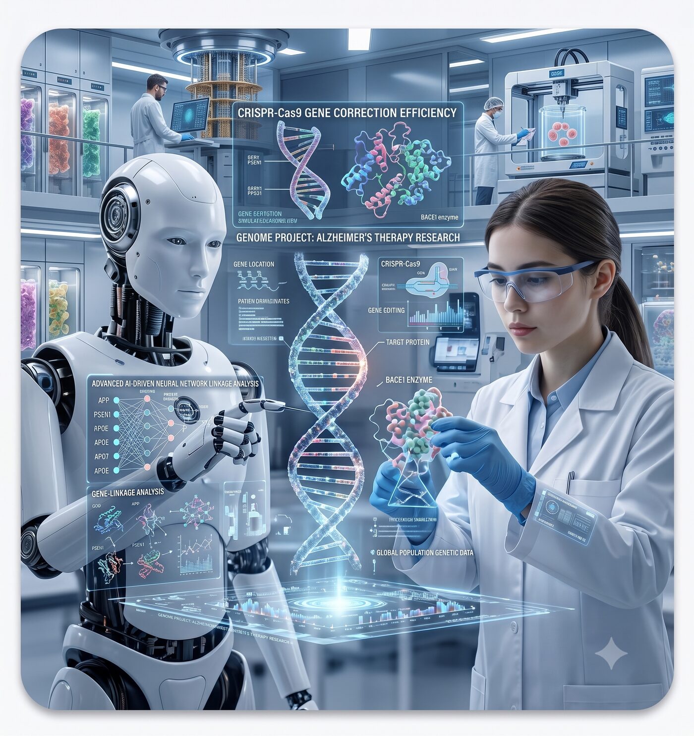 Cientista e robô humanoide trabalhando juntos em laboratório de pesquisa genética, com hologramas de DNA, redes neurais e análise de proteínas projetados ao redor.