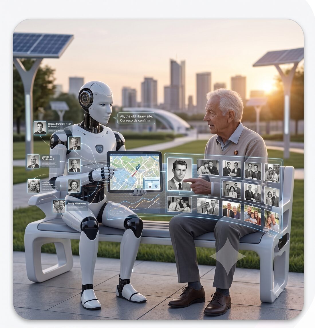 Robô humanoide conversando com um senhor idoso em um banco de parque ao pôr do sol, ambos analisando hologramas com fotos antigas, mapas e linha do tempo de vida.